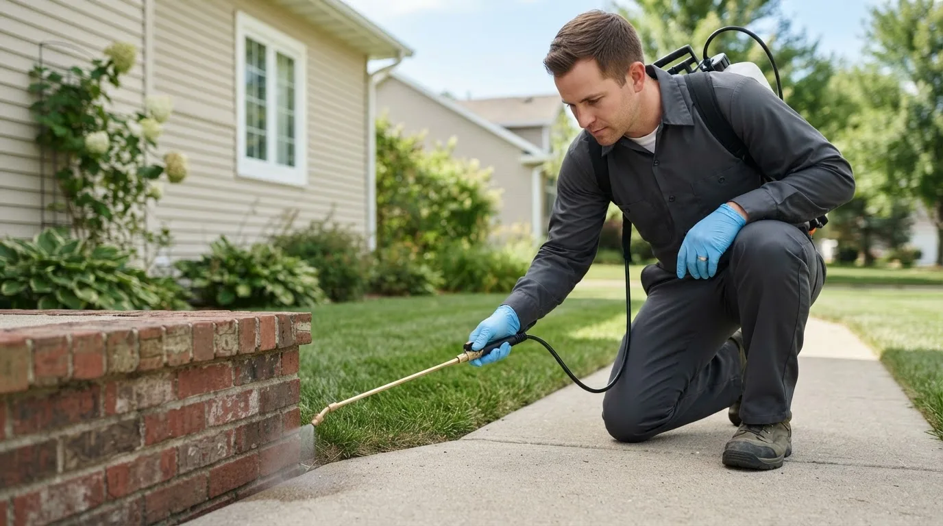 Pest control technician treating a home near Chesterfield, MO