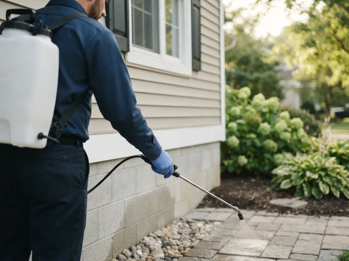 Pest control technician inspecting a home in Chesterfield, MO